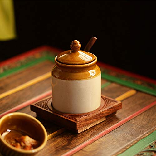 ExclusiveLane Old Fashioned Ceramic Jar with Hand Carved Tray -Pickle Jar Set for Dining Table Pickle Container Set Masala Container Kitchen Storage Containers Pickle Set