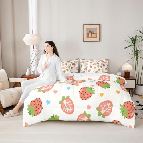 Image of 7 Pcs Cartoon Strawberry Bedding Sets Queen Size Colorful Lovely Hearts Decor Comforter Set Cute Fruits Romantic Style Bed in a Bag with Comforter,Flat Sheet,Fitted Sheet,2 Pillowcases,2 Pillow Covers