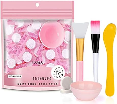 100 pcs Compressed Facial Mask Sheet Beauty DIY Disposable Mask Paper Natural Cotton Skin Care Wrapped Masks Normal Thick，Get a Small Mask Bowl, Mask Brushes and Hair Band Free