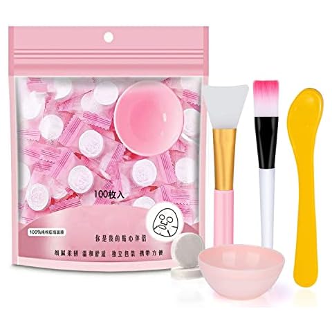 100 pcs Compressed Facial Mask Sheet Beauty DIY Disposable Mask Paper Natural Cotton Skin Care Wrapped Masks Normal Thick，Get a Small Mask Bowl, Mask Brushes Cover