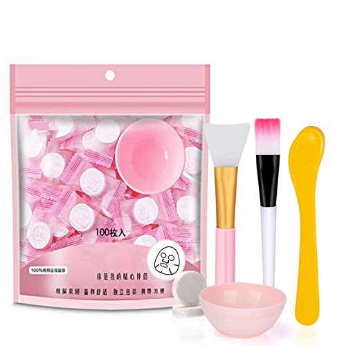 ZMBeautk 100 pcs Compressed Facial Mask Sheet Beauty DIY Disposable Mask Paper Natural Cotton Skin Care Wrapped Masks Normal Thick,Get a Small Mask Bowl, Mask Brushes