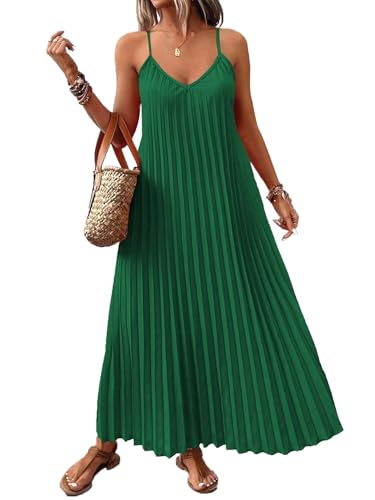 Image of Women's Summer Casual V Neck Sleeveless Strappy Pleated Flowy Loose Maxi Long Beach Dress