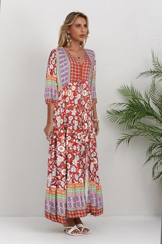 Image of Women Short Sleeve V Neck Floral Print Casual Bohemian Maxi Dresses