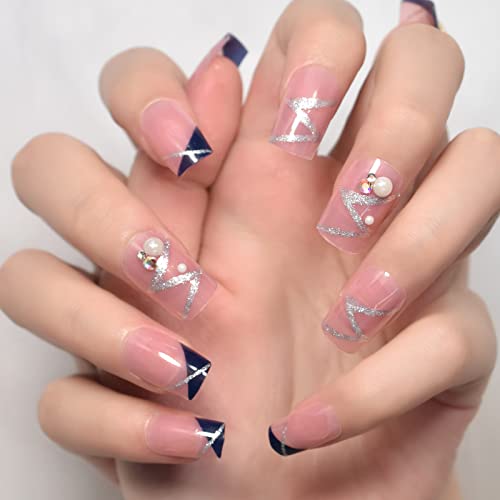 Marineblaue Spitzen, Silber Glitzer Wirbel Künstliche Nägel, Perle Strass Dekoration, Gel Glossy Nails Art, Acryl Medium Squoval Fake Nails, Frauen Mädchen Press On Nails, Daily Date Party Faux Ongles Cover