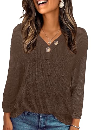Long Sleeve Shirts for Women V-Neck Button Down Lightweight Tops Blouses Sweaters Fashion Clothing