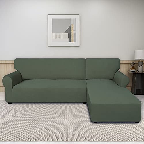 Purefit Super Stretch Sectional Couch Covers - 2 Pcs Spandex Non Slip Sofa Covers With Elastic Bottom For L Shape Sectional Sofa, Great For Kids & Pets (3 Seat Sofa + 3 Seat Chaise, Greyish Green) #TOP1