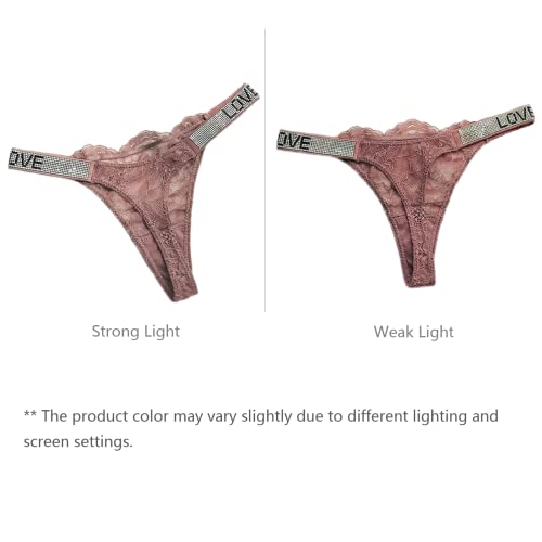 By.ecg Women's Shine Strap Lace Thong Rhinestone Panty Old Rose(M) #TOP4