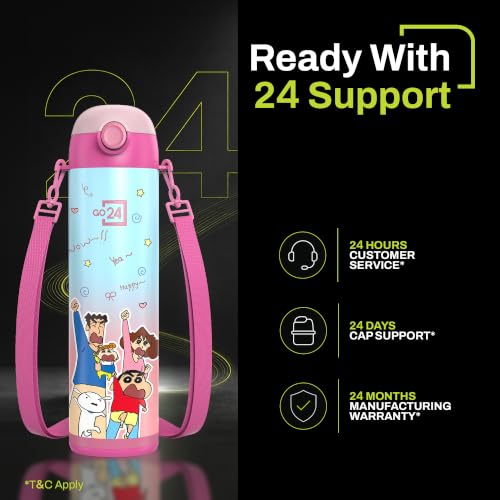 Image of Go24 pexpo Crayon Shinchan ISI Certified Stainless Steel Water Bottle for School Kids - 500ml | 2-Year Warranty | 3 Layer Insulation | Hot & Cold Vacuum Flask | 4+ Years |Pink Nohara Family