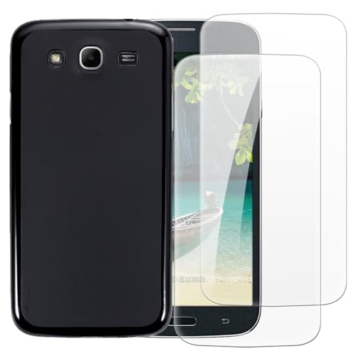 Shantime Case with 2 Pack Screen Protector Combo Compatible with Samsung Galaxy Mega 5.8 I9150, Shockproof Cover and Tempered Glass Set for Full Body Safety(Black)