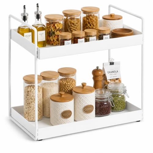 Image of Homeor 2-Tier Metal Countertop Organizer | Heavy Duty Standing Rack for Kitchen Spice Storage & Bathroom Vanity | Multi-Purpose Shelf For Kitchen, Cosmetic & Toiletry Display Shelf, White