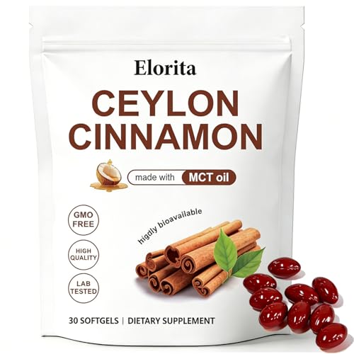 Menjint Elorita Ceylon Cinnamon Soft Gels with MCT Oil 12:1 High Potency Extract True Cinnamon Supplements Highly Bioavailable Herbal Extract Non-GMO Gluten Free 30 Softgels (30-Day Supply)