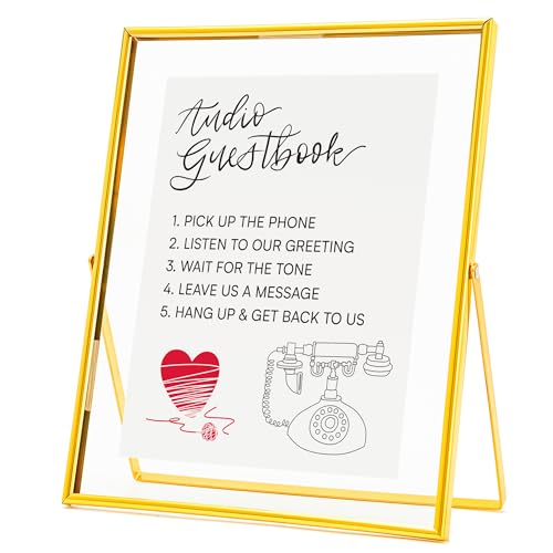 Image of Calculs Audio Guest Book Sign, Gold 8x10 Floating Picture Frame | Double glass metal frame, fits 6x8 insert, audio guest book table, reusable tabletop frame for signs and photos