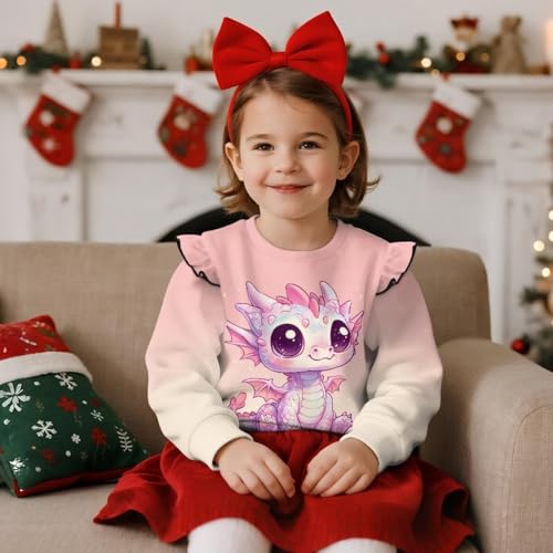 Toddler Dragon Sweatshirt for 1T-8T Girls Crewneck Tees Top Ruffle Long Sleeve Fall Sweatshirts Cute Outfits3