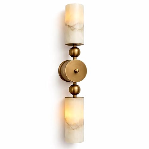 Double Alabaster Single Wall Sconce, Mid Century Modern Brass Wall