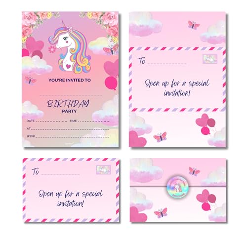 Cardlyst Kids Unicorn Birthday Invitations Folding Envelope Design Pack of 24