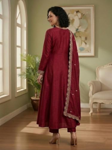 Image of Yashika Women's Silk Blend Embroidered Anarkali Kurta Set with Dupatta | Full Length Ethnic Wear for Women | Wedding