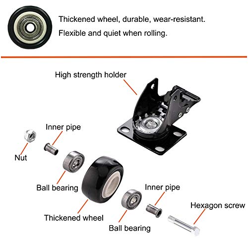 Image of 2 inch Caster Wheels Heavy Duty Casters Set of 4 Locking Swivel Casters with Brake Double Ball Bearing No Noise Non Marking Top Plate Castor Wheels for Cart Furniture Workbench