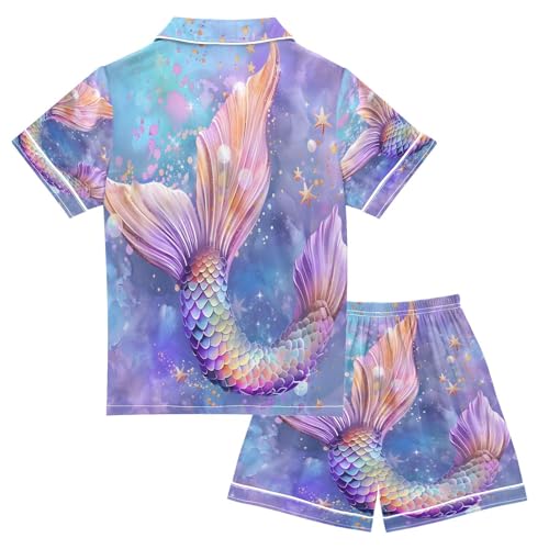 ALAZA 3d Mermaid Starfish Satin Pajamas Set Short Sleeve Button Down Sleepwear Summer Pjs 2 Piece2