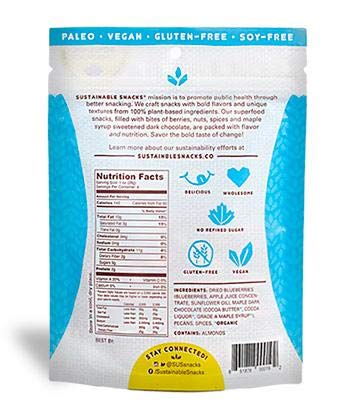 Sustainable Snacks - Plant Based - Vegan, Paleo, Gluten Free, Soy Free and Non GMO for healthy snacking with Fruit, Nuts and 80% Dark Chocolate - No Refined Sugar (Blueberry + Pecan, 1 Bag) image 3