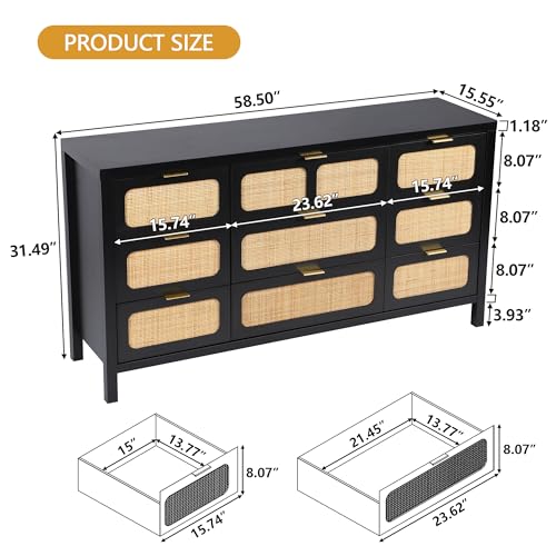 LEVNARY 9 Drawer Dresser for Bedroom, Black Rattan Dresser with 9 Storage Drawers, Wooden Large 58\" Long Dresser for Closet, Entryway, Living Room (Black)