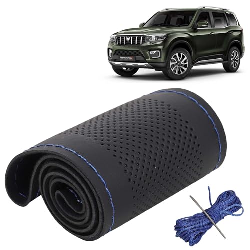 Image of KINGSWAY PU Leatherite Car Steering Cover Sewable Compatible with Mahindra Scorpio N (Year 2022 Onwards), Black Color with Blue Thread, Pack of 1 with Sewing Needle and Thread