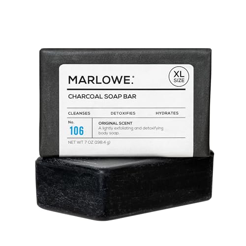 MARLOWE. No. 106 Charcoal Soap 7 oz, Body Bar Soap for Men, Cleansing, Purifying & Hydrating with Natural Extracts, Shea Butter, Olive Oil & Green Tea Extracts, Fresh Woodsy Scent