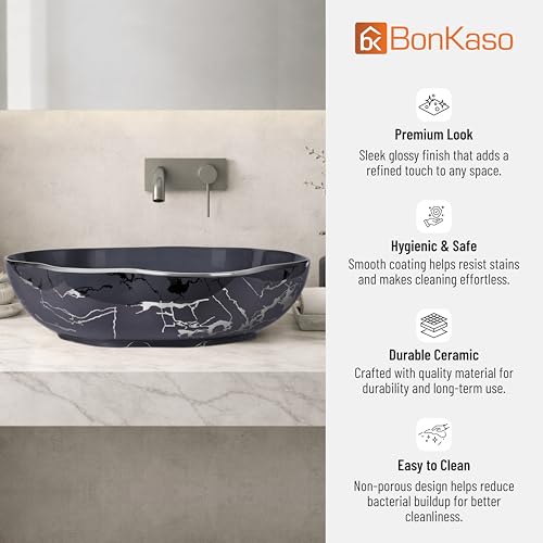 Image of BONKASO Cloud Designer Table Top Wash Basin | Premium Polished Ceramic Bathroom Sink | 50 x 40 x 14.5 cm Counter Top Basin | Modern Grey Silver Glossy Finish