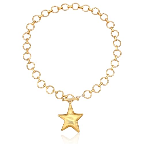 Molain Collar de estrella gruesa para mujer, colgante de estrella martillada, collares de cadena dorada con cadena gruesa, vintage, bohemio, joyería gruesa, ajustable, regalos de moda para mujer