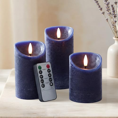 Elyrae Navy Blue Flameless Candles with Remote and Timer Real Wax Made LED Pillar Candles Battery Operated with 3D Flickering Flame 3 x 4 5 6 Navy Blue Decor Set of 3
