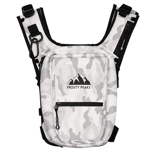 FROSTY PEAKS Minimalist Chest Rig, Outdoor,Chest Pack with Easy-Access Phone Pouch, Dual-Side Pockets, Credit Card/Cash Slot (Snow Camo)