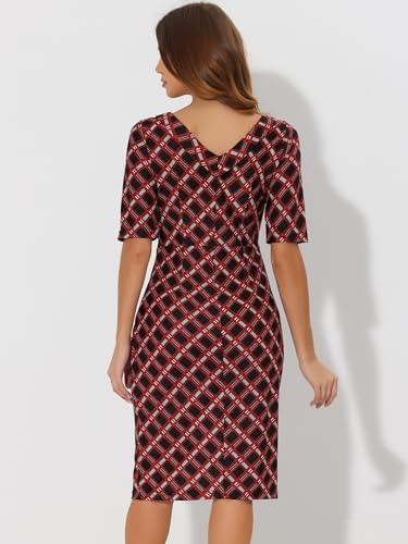 Allegra K Women's Bodycon Plaid Dress Round Neck Elbow Sleeve Check Pencil Dress4