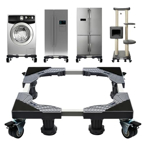 Image of Fridge Stand Mobile Base with 4 Locking Wheels and 4 Strong Feet, Adjustable Furniture Dolly for Washer Dryer Washing Machine Stand Pedestal, Refrigerator (Grey, Large)