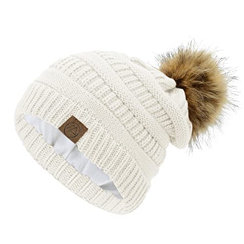 Satin Lined Beanie Winter Hats Silk Lining for Women Silk Lined Hat Slouchy Beanie with Pom A White