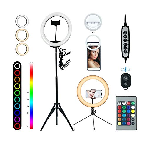FEFEO 10” RGB Selfie Ring Light, 15 RGB Colors, 10 Brightness Levels, 2 Adjustable Tripod Stands with Phone Holders for Vlogging, Selfies, Live Streaming - Bonus Portable Phone Clip-on Ring Light