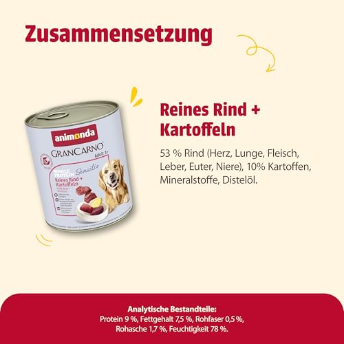animonda GranCarno Adult Sensitiv Rind + Kartoffeln (6 x 800 g), Nassfutter für ernährungssensible Hunde, Nassfutter für Hunde mit bekömmlichen Zutaten, Sensitives Hundefutter ohne Getreide