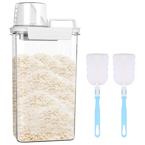 Rice Airtight Storage Container, 3 to 4Lbs Cereal Dry Food Flour Bin, Pet Dog Cat Food Dispenser with Measuring Cup Portable Handle, BPA Free Clear Plastic Kitchen and Pantry Organization Bin