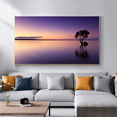 Peinture paysage lac crépuscule pour s'évader au quotidien art mural de salon apaisant