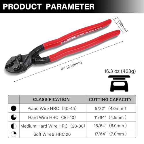 Image of HAUTMEC 10 Inch Mini Bolt Cutters, High Leverage Compact Bolt Cutter, Anti-Slip Comfort Grip, CRV Steel Blade with Recess, Cuts Rods, Bolts, Wires, Cables, Rivets, and Chains, HT0465
