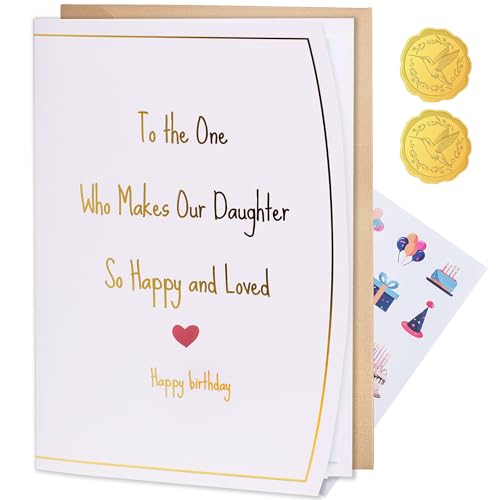 TzenvoGift Birthday Card for Son in Law – “Makes Our Daughter So Happy” Message – Gold Foil Greeting Card from In-Laws – Includes Envelope & Stickers