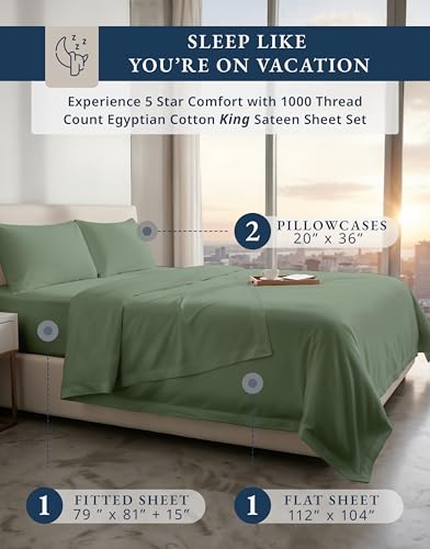 Image of LANE LINEN 100% Egyptian Cotton King Sheets Sateen Weave - Iceberg Green | King Sized Sheets - 4-Piece Set, 16 inch Deep-Pocket Snug Fit, 1000 Thread Count, Elevates A Master Suite, Luxe Sheen