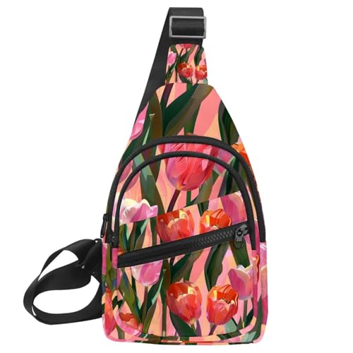 Sac à dos à bandoulière rose à motif tulipe pour sport et voyage