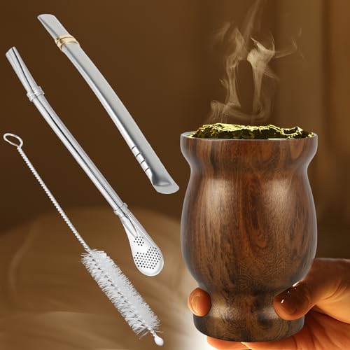 8 oz Yerba Mate Cup, Stainless Steel Mate Tea Cup Set with Straw Brush Straw Spoon Flat Straw and Lid Insulated Yerba Mate Teacup Coffee Water Mate Cup Yerba Mate Gourd Cup for Mate Tea Coffee (Wood)