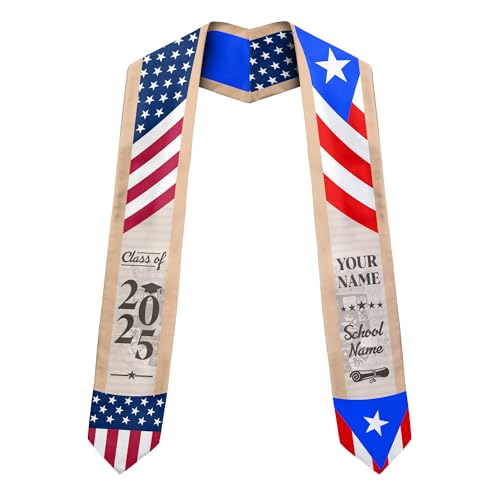 MonkeyVan Custom Puerto Rican Graduation Stole, Puerto Rico Graduation Sash, Puerto Rico American Flag Grad Sash Class Of 2025 Pr 6