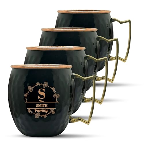 Custom Copper Moscow Mule with Hammered Painted Finish - Engraved Bar Style 100% Copper Cup with Personalized Floral Family Initial Monogram Themed Engraving, Brass Handle | 18 oz, Black | Set of 4