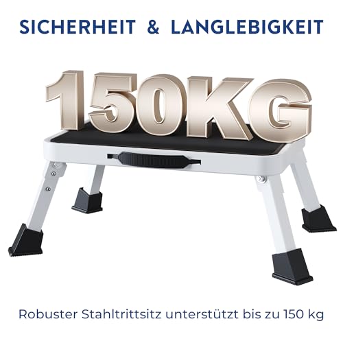 BONTEC Klapptritt, weißer Tritthocker klappbar bis 150 kg, rutschfeste Trittstufe mit Gummifüßen, klappbarer Hocker tragbar, Fußbank für Küche, Bad, Garten, Camping, kleine Leiter, Faltbarer Schemel