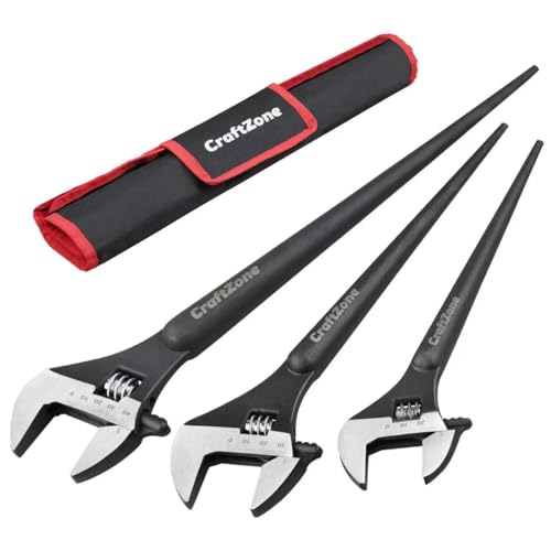 CRAFTZONE 3-Piece Spud Wrench Set - Adjustable Construction Spud Wrench with 10 12 16 Inch - SAE and Metric Scale Marked Wrenches with Alignment Holes and Tail Crowbar Feature