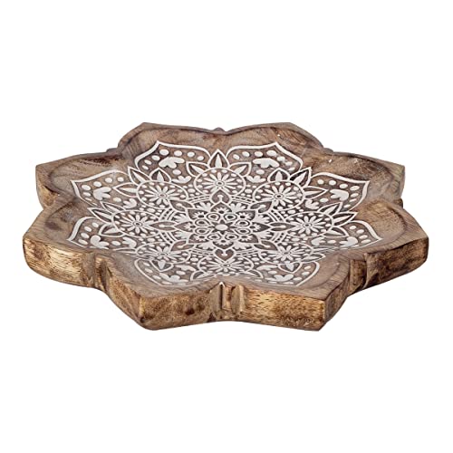 ROCKING GIFTS Plato Bandeja Centro de Mesa Forma Flor Mandala, Vaciabolsillos de Madera Marrón y Blanco Decorativo para Entrada, Comedor, 22 cm