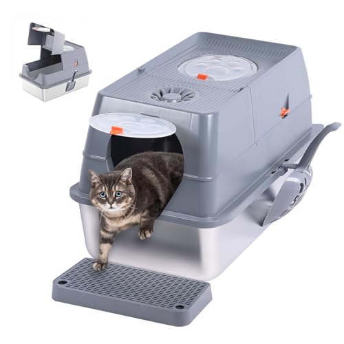 Caja de arena de acero inoxidable para gatos con tapa grande miniatura 1
