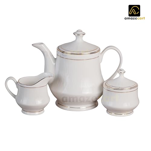 Image of Bone China Tea Set Gold Line in Royal Look(Set of 15 Pieces:6 Cups::6 Saucers::1 Milk Pot::1 Kettle& 1 Sugar Pot)