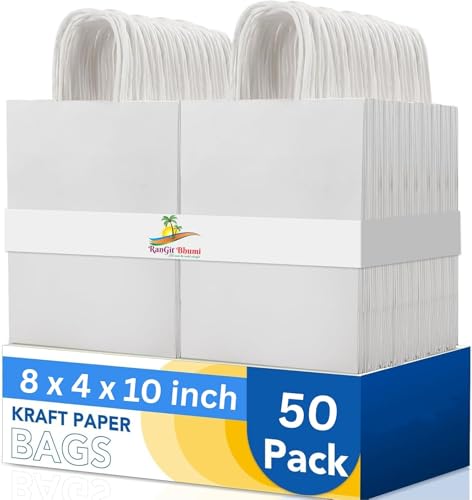 Image of RanGit Bhumi Gift Bags- 8x10x4 in 50pcs Small White Kraft Paper Bags with Handles for return Gifts- Shopping Retail Paper Carry Bag, Party Favor Gifting covers, Disposable, Recyclable (8x10x4 in White, Pack of 50)